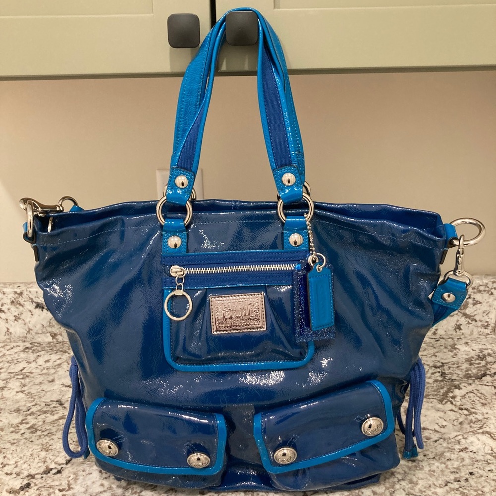 Coach Poppy Spotlight Patent Leather Tote Blueberry with silver hardware 13869